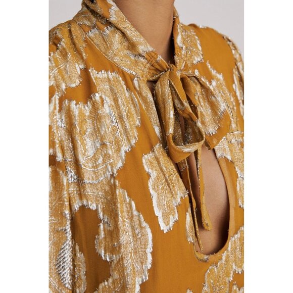 Anthropologie Maeve Flowy Mini Dress Tie Neck Long Cuffed Sleeve Gold Metallic L - Picture 2 of 16